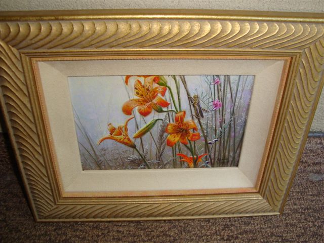 Original Painting, Nature's Window, Tiger Lilies and Grasshopper II by Stephen Lyman